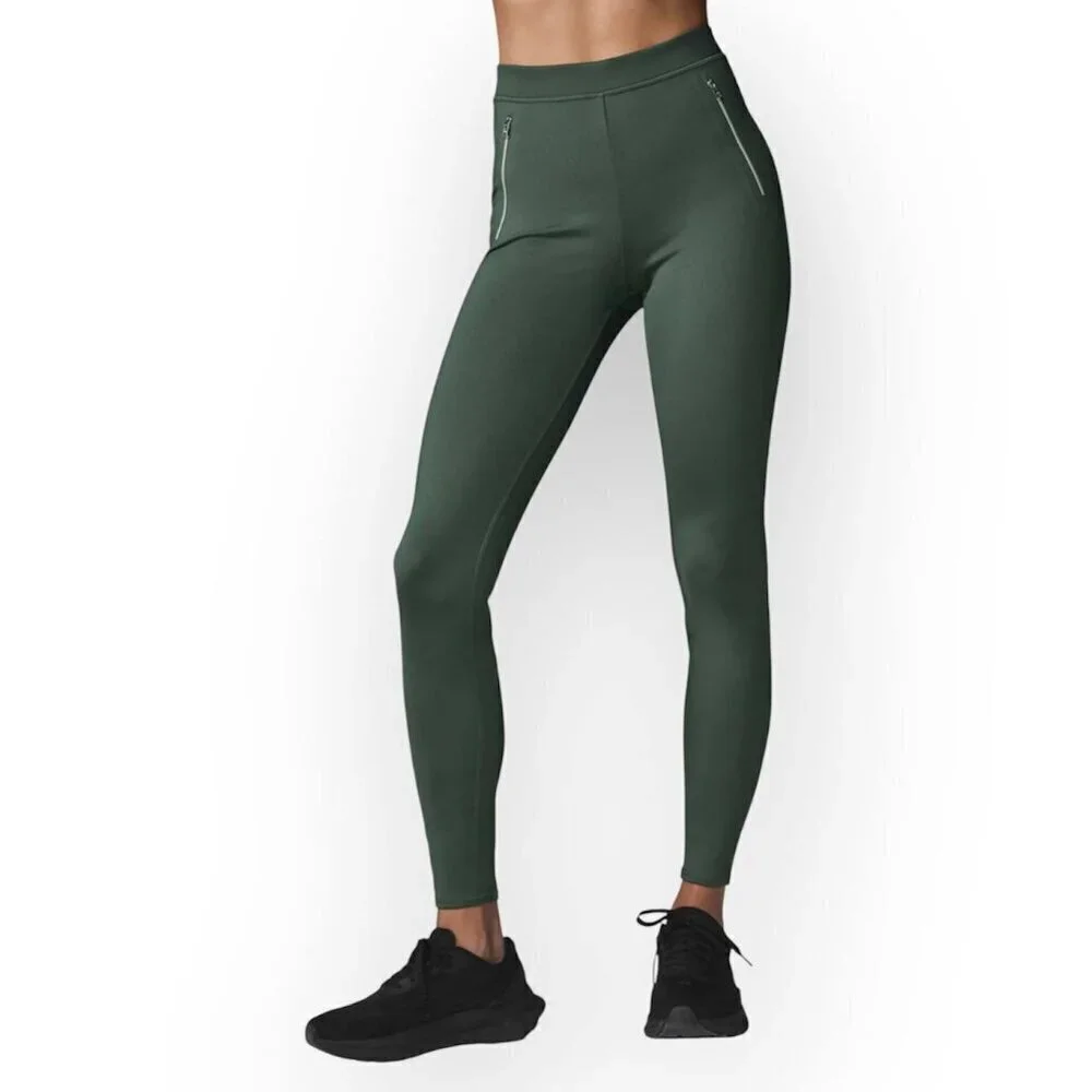 NWOT! ALO YOGA High-Waist Thrill Seeker Leggings in Olive Green with Front Zippe